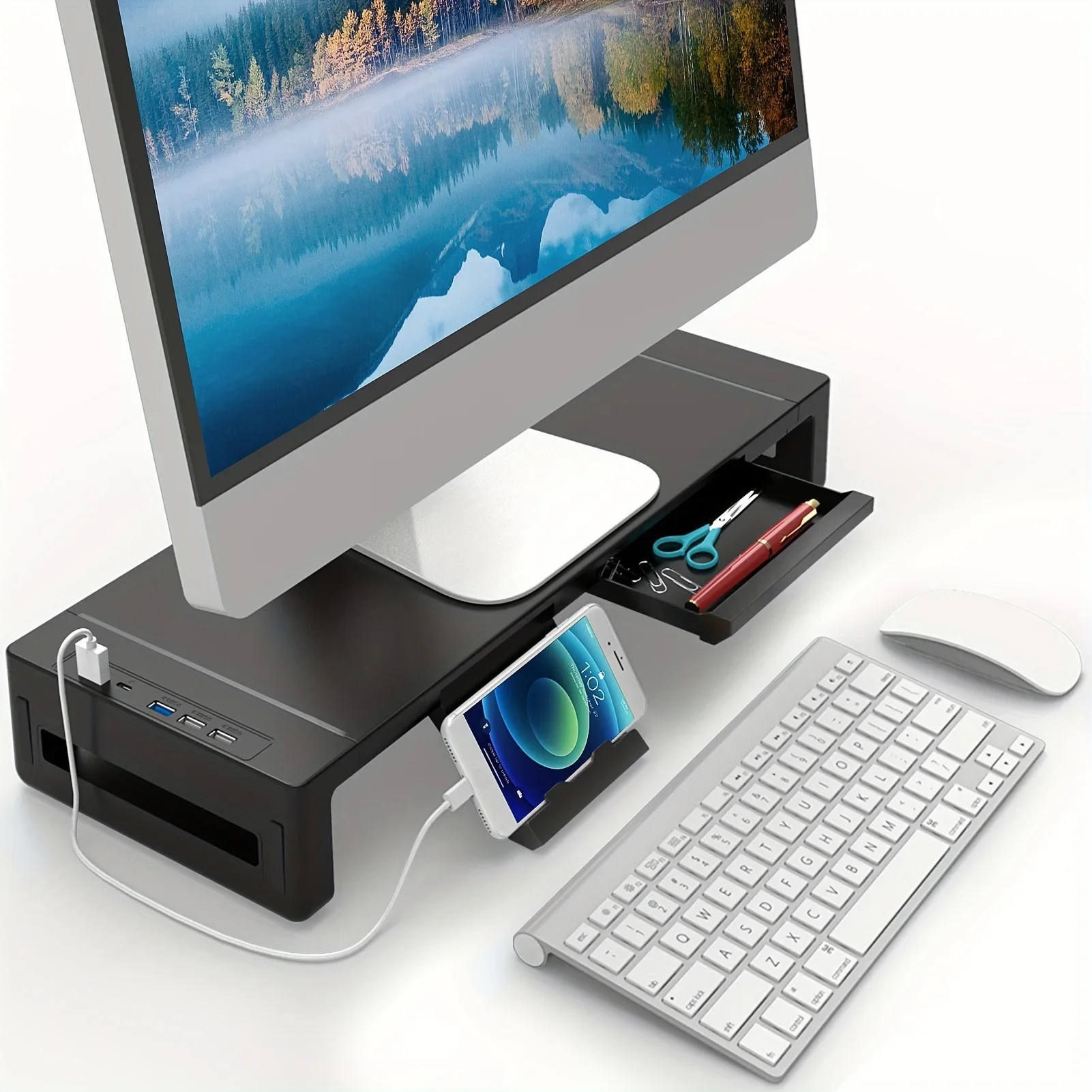 Podstawka pod monitor, składana, z regulacją wysokości, podstawka pod komputer, półka na biurko z szufladą i uchwytem na tablet/telefon