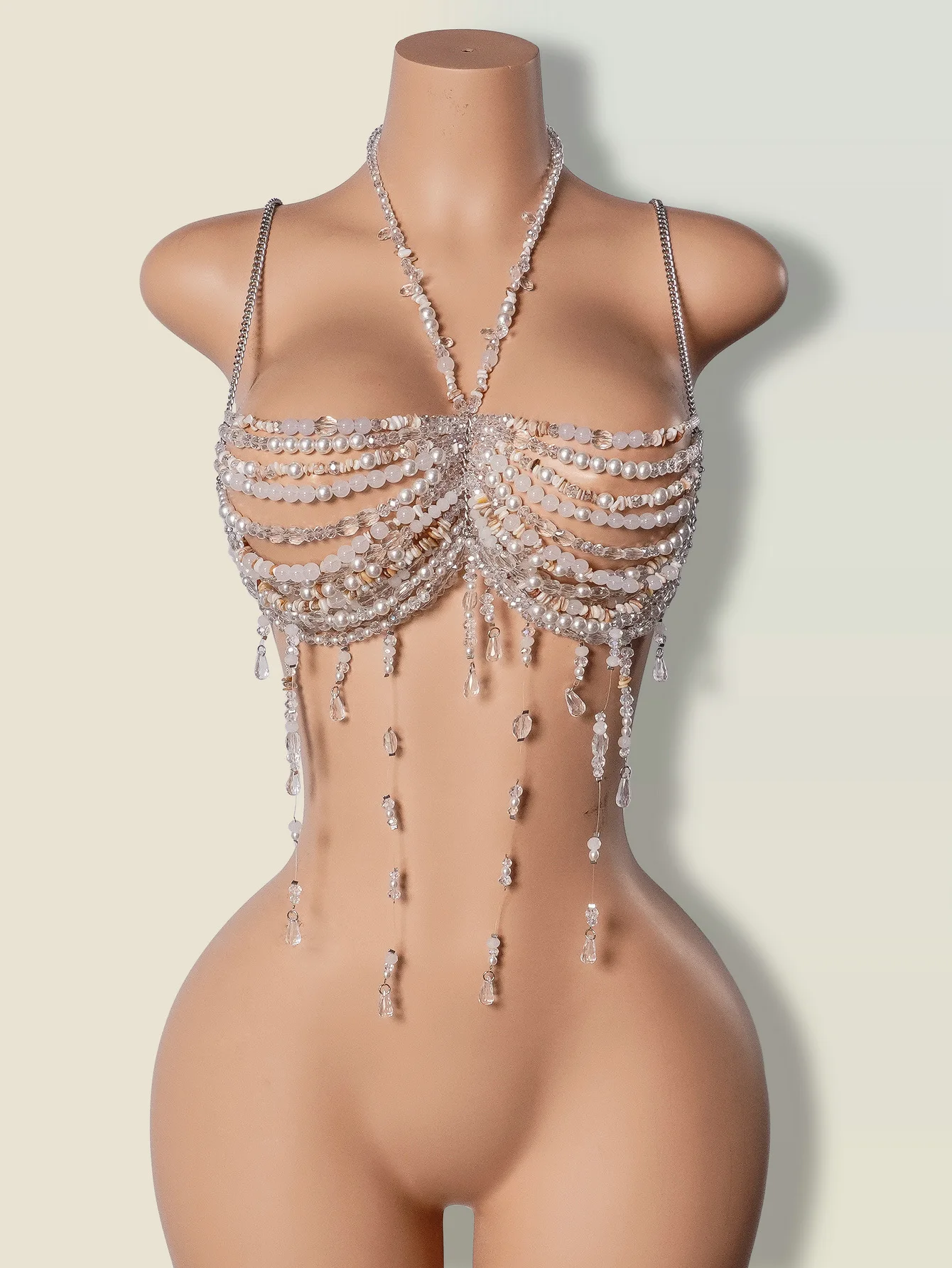 Handmade Crystal Bra Halter Transparent Beaded Layered Fringe Lingerie Harness Bralette Beaded Neck Bra Bridal Beachwear