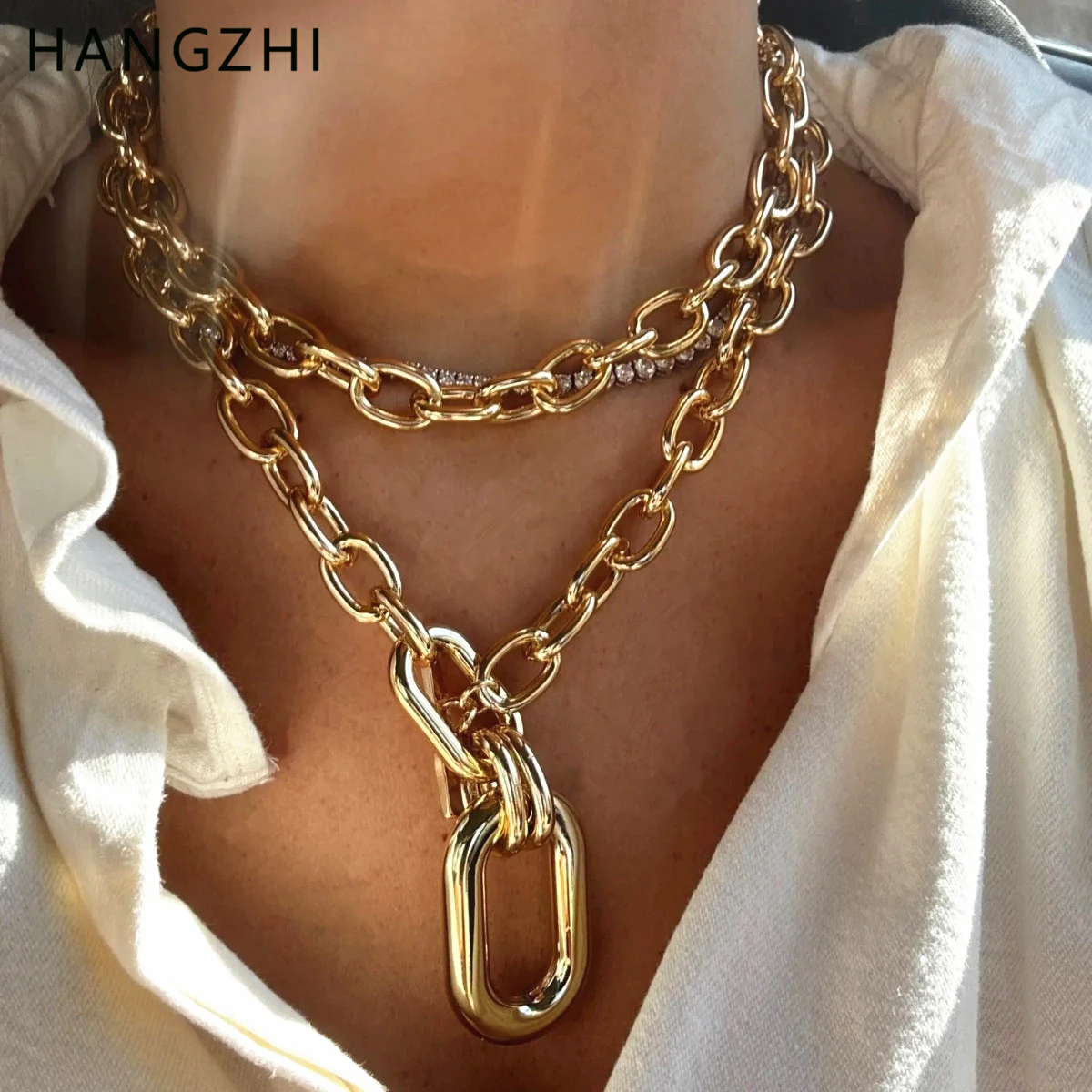 HangZhi Punk Metal Hollow Thick Oval Pendant Long Choker Necklace Hiphop Chunky Chain OT Buckle Necklaces Jewelry for Women Men