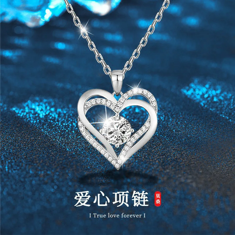 

925Sterling Silver Necklace Women Versatile High-end FeelinsMoissanite Heart-Shaped Pendant-Border Jewelrydiy