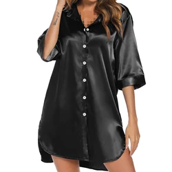 Women Solid Color Sleeping Shirt Half Sleeve Single Breasted Loose Nightshirt For Home Wear Sleepwear