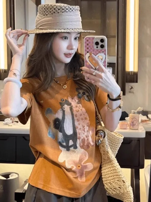 슬림핏 한국 스타일 레이지 탑 슈퍼 유니크 라운드넥 프린트 티셔츠 여름 출퇴근 패션 독창적인 패턴