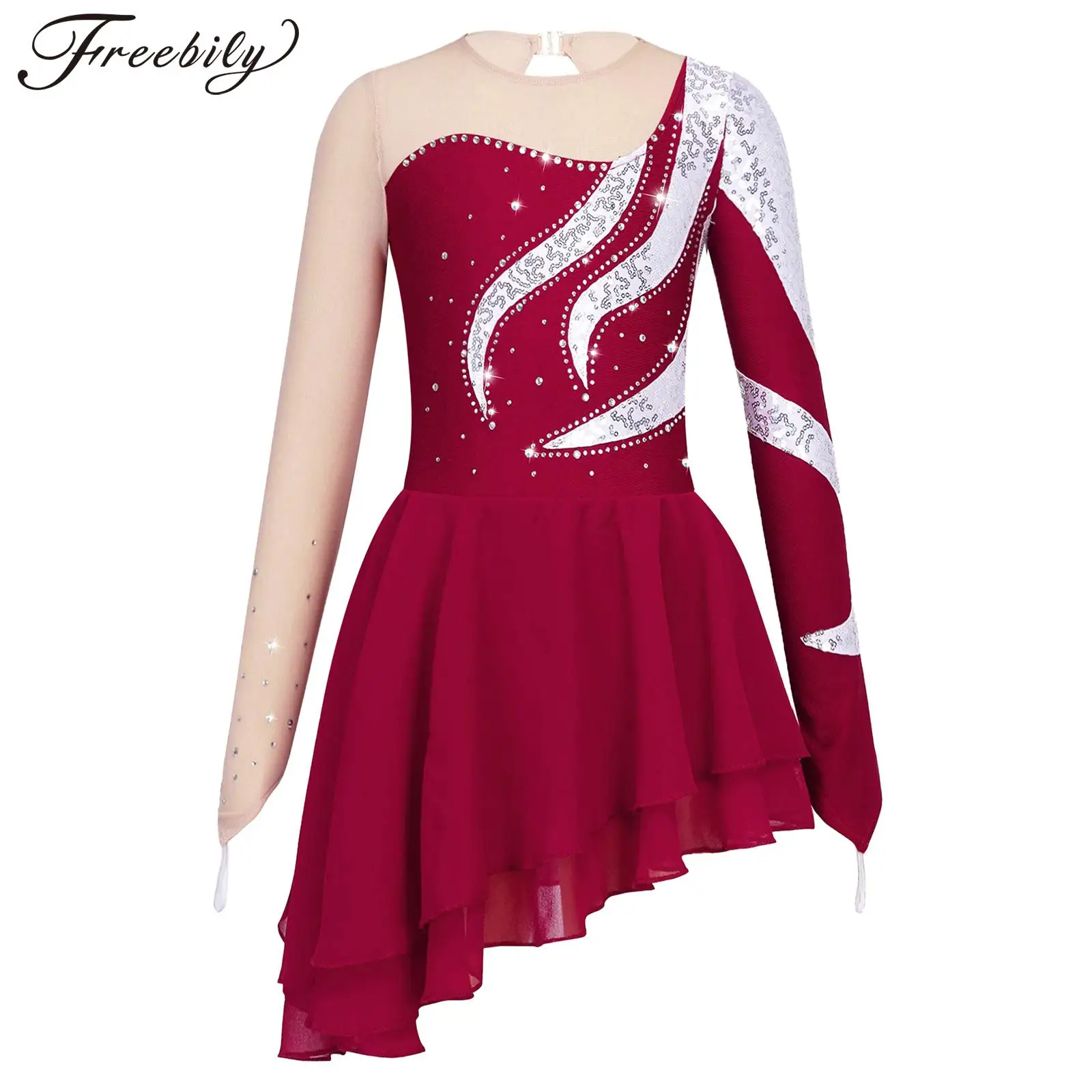 Bambini ragazze pattinaggio di figura vestito da ballo maglia trasparente manica lunga paillettes lucide body Tutu balletto ginnastica ritmica Dancewear