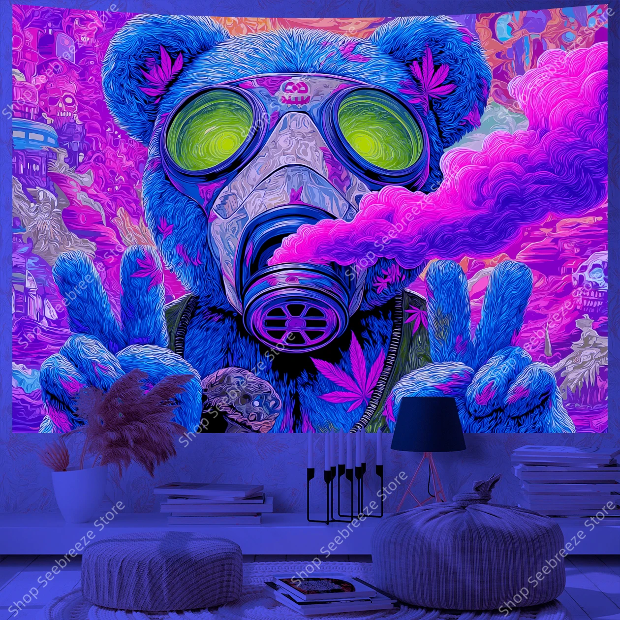 Psychedelic Bear in Gas Mask UV Tapestry with Glowing Eyes Cannabis Leaf Pattern for Trippy Room Decor Festival Wall Hanging
