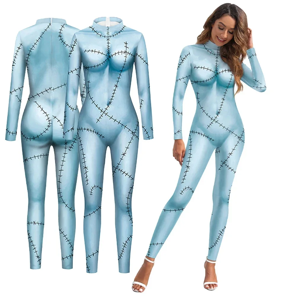 Halloween Volwassen Carnaval Kostuum Voor Vrouwen Sally Print Slanke Jumpsuit Catsuit Rompertjes Lange Mouw Zenti Party Bodysuit