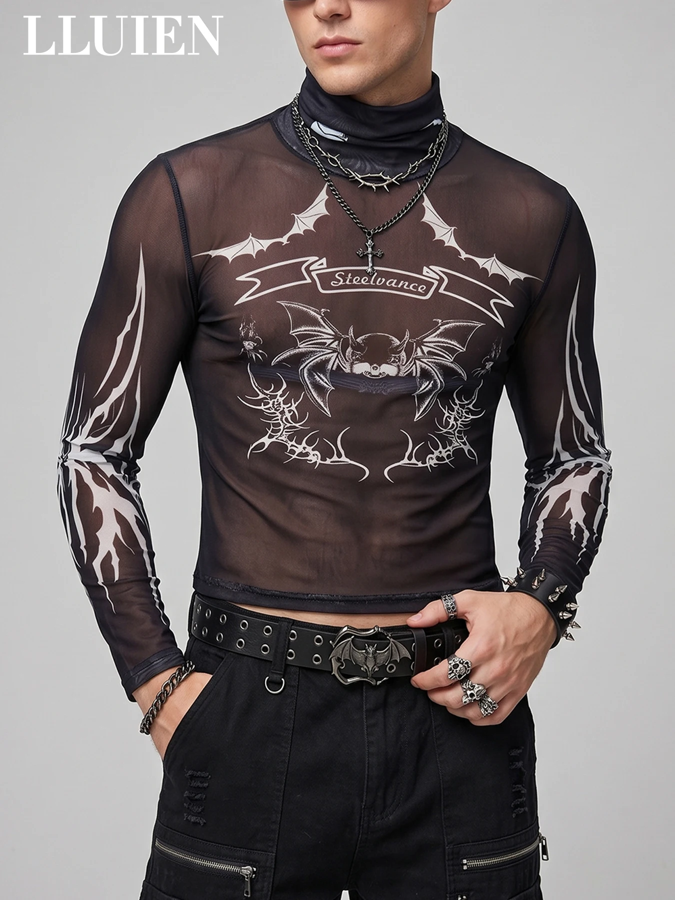 LLUIEN 2026 Fashion Men's Crop Top T-shirt Long Sleeve Turtleneck Print Mesh Tee Shirts 100% Polyester Nightclub Tshirt for Men