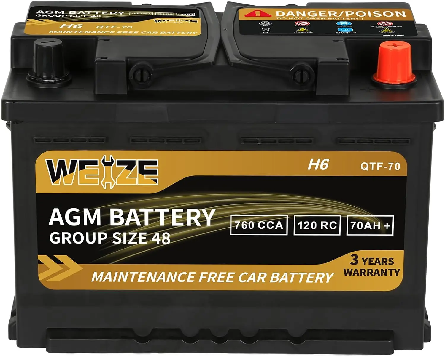 Platinum AGM Battery BCI Group 48-12v 70ah H6 Size 48 Automotive Battery 120RC 760CCA 36 Months Warranty Enhanced Safety