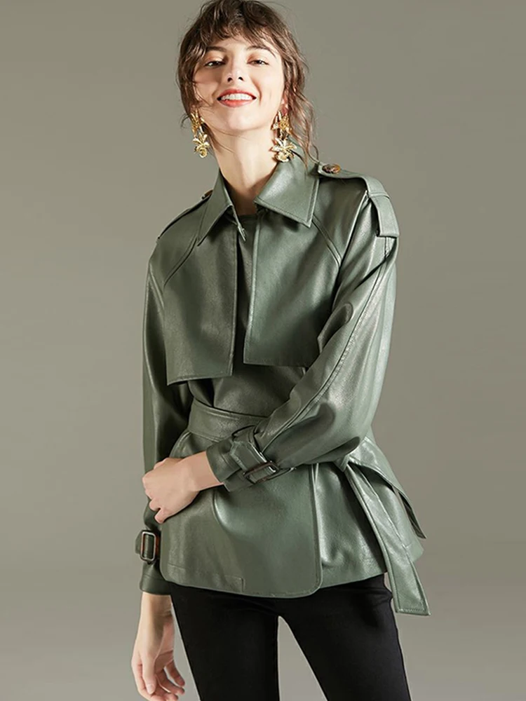 FTLZZ 2022 Spring Autumn Lapel Faux Leather Jacket Women Green PU Coat Simplicity Loose Jackets Office Lady Outwear with Belt