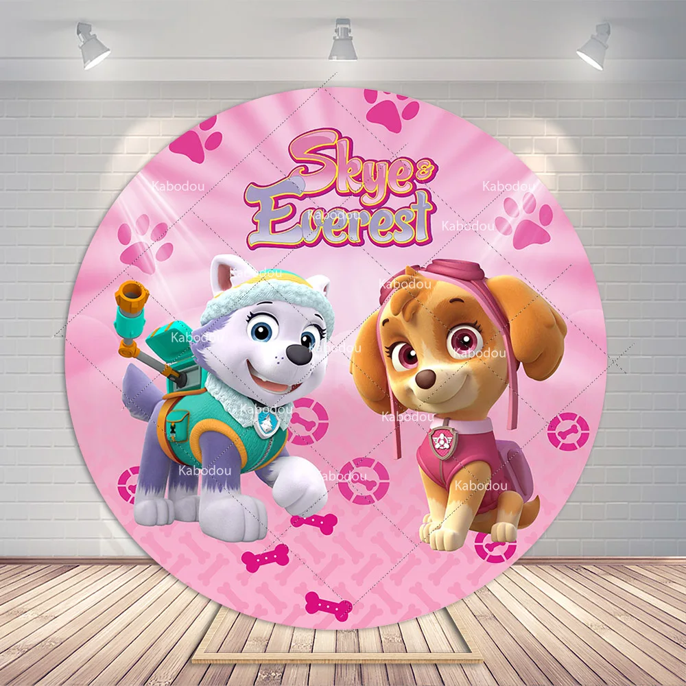 Paw Patrol Skye Backdrop Round Cover For Girls Birthday Party Background Pink Dog Paw Baby Shower Decoration Banner Poster