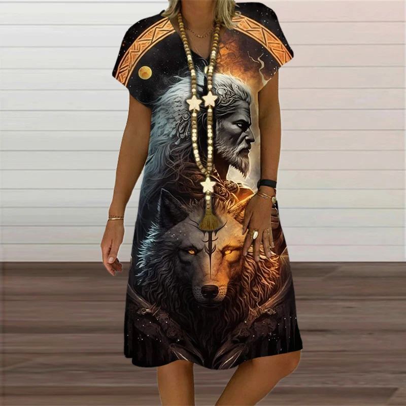 Estilo gótico Vestidos Para As Mulheres Print Wolf Pattern Streetwear Moda V-Neck Manga Curta Vestido Mulher Oversized Summer Clothing