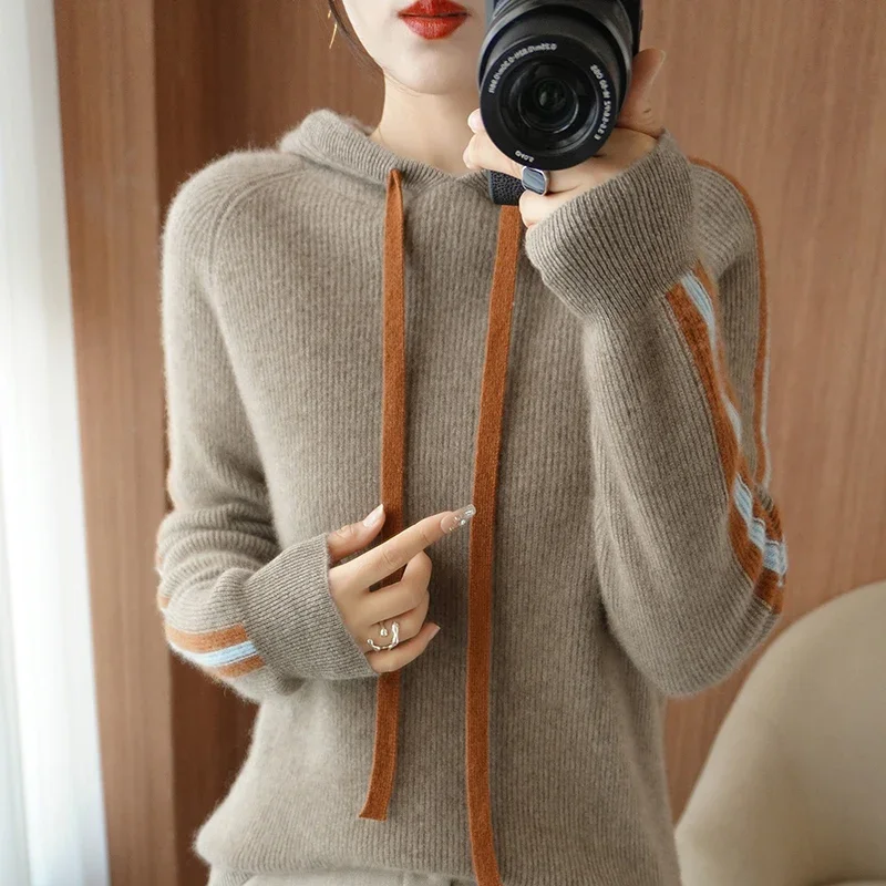 

2023 Spring Winter 100% Pure Wool Sweater Women Knitted Hooded Pullovers Loose Lady's Grade Up Jumper Long Sleeve Soft Warm Tops