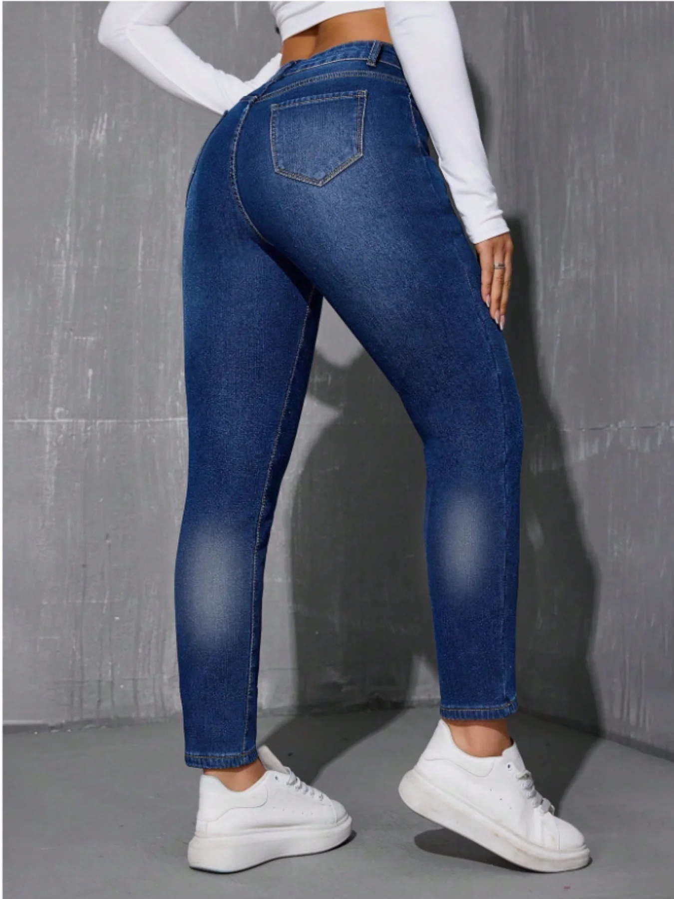 Women's Winter Fleece Lined Warm Jeans High Waist Skinny Stretch Slimming Pants Deep Blue Cuffed Design Comfortable Versatile Vi