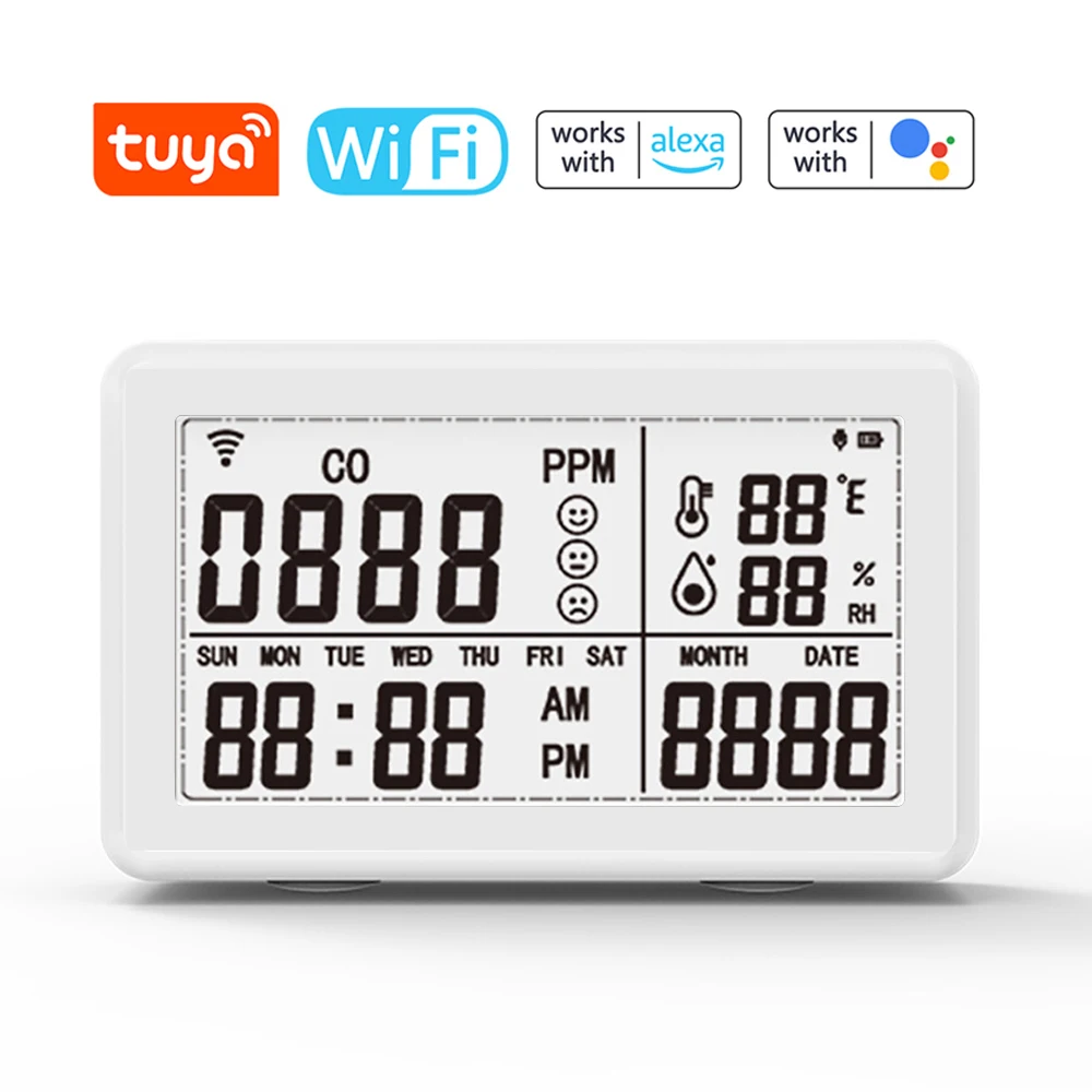 Tuya WiFi 4in1 CO Meter Carbon Monoxide Detector Temperature and Humidity Tester Household Air Quality Monitor Hygrothermograph