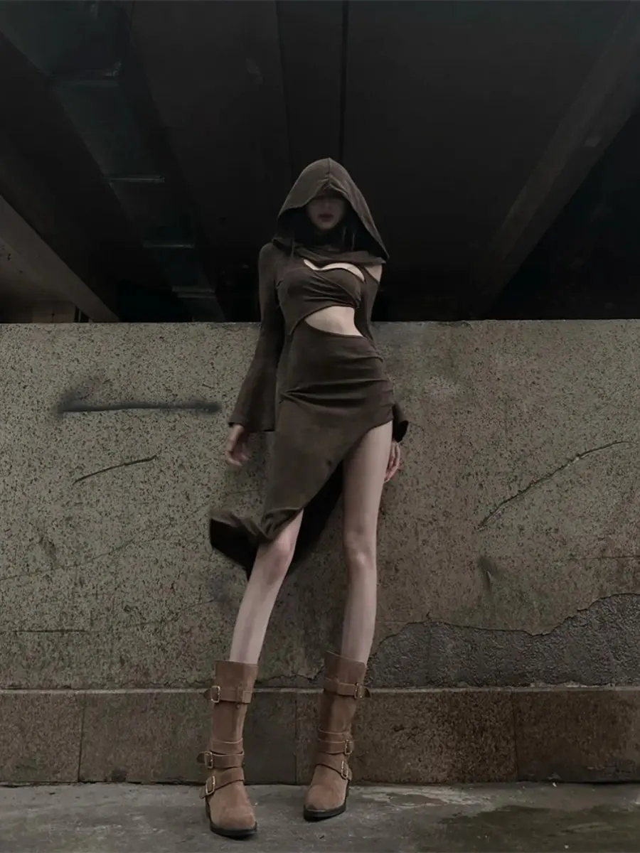 

Платье с длинными рукавами в стиле гранж для женщин, с дырками, для вечерних вечеринок, крутой современный панк-стиль, привлекательное, уникальное, структурированное, молодежное, для взрослых, городское, сексуальное