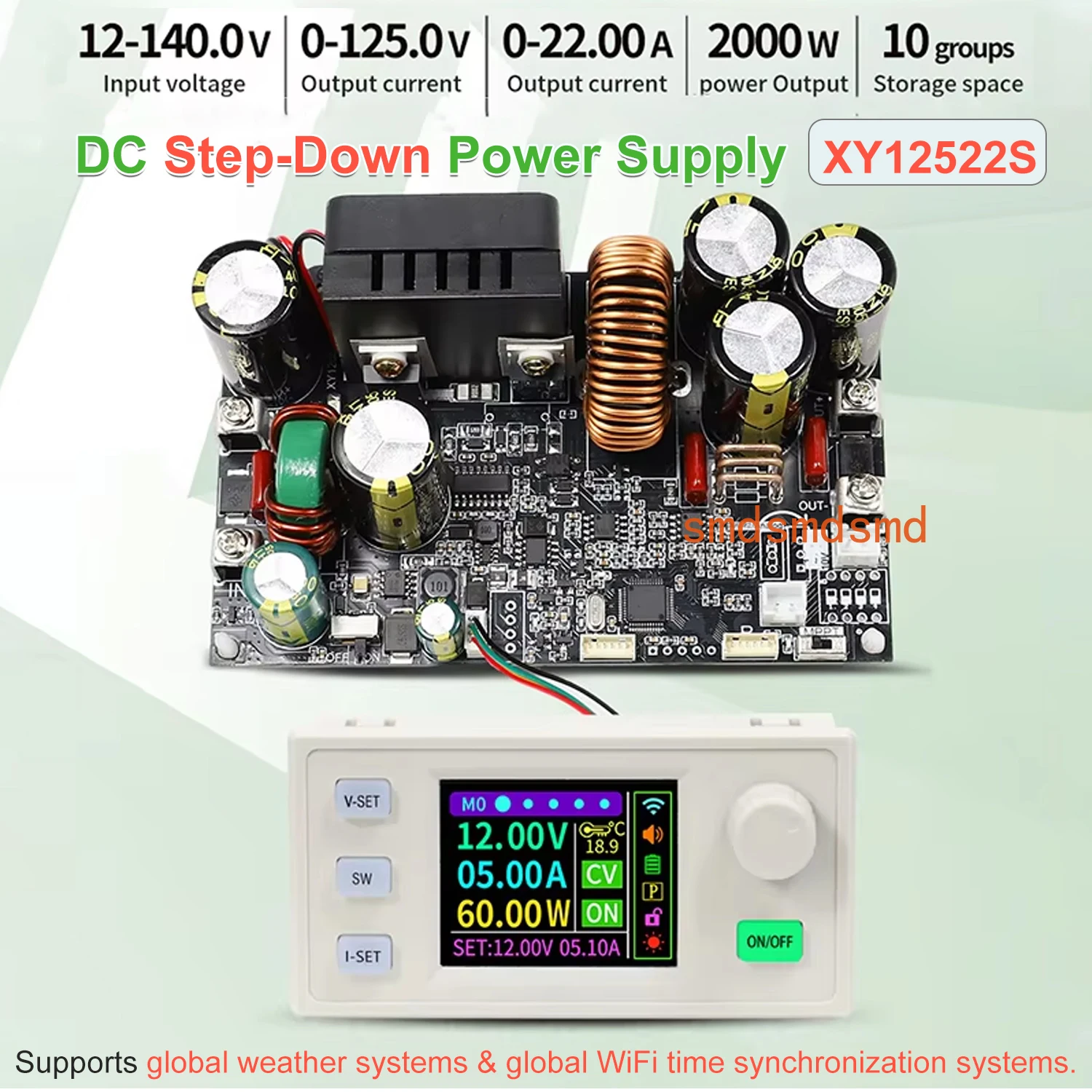 XY12522S CNC DC Buck Power Supply 125V/2000W Adjustable Stabilized Power Supply Constant Voltage/Current Support Weather Systems
