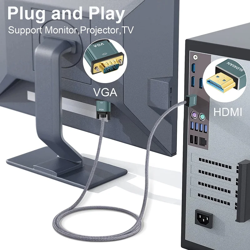 Lungfish Kabel HDMI na VGA z pozłacanym oplotem, kabel HDMI na VGA (męski na męski) odpowiedni do komputerów i monitorów