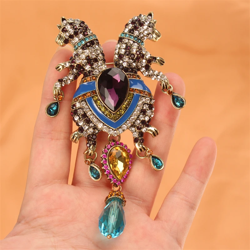 Large Size Heavy Industry Double Leopard Brooch Luxury Personality Fashion Animal Pins Vintage Unisex Corsage Accessories