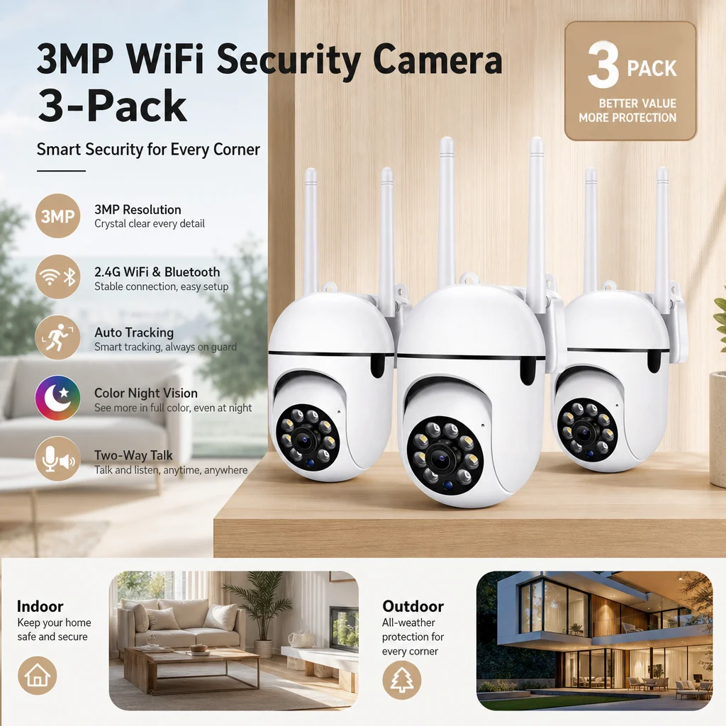 Caméras de surveillance domestique IP WIFI HD 3MP, 3 pièces, étanches, avec suivi automatique, vision nocturne couleur, zoom 5X, vidéosurveillance CCTV
