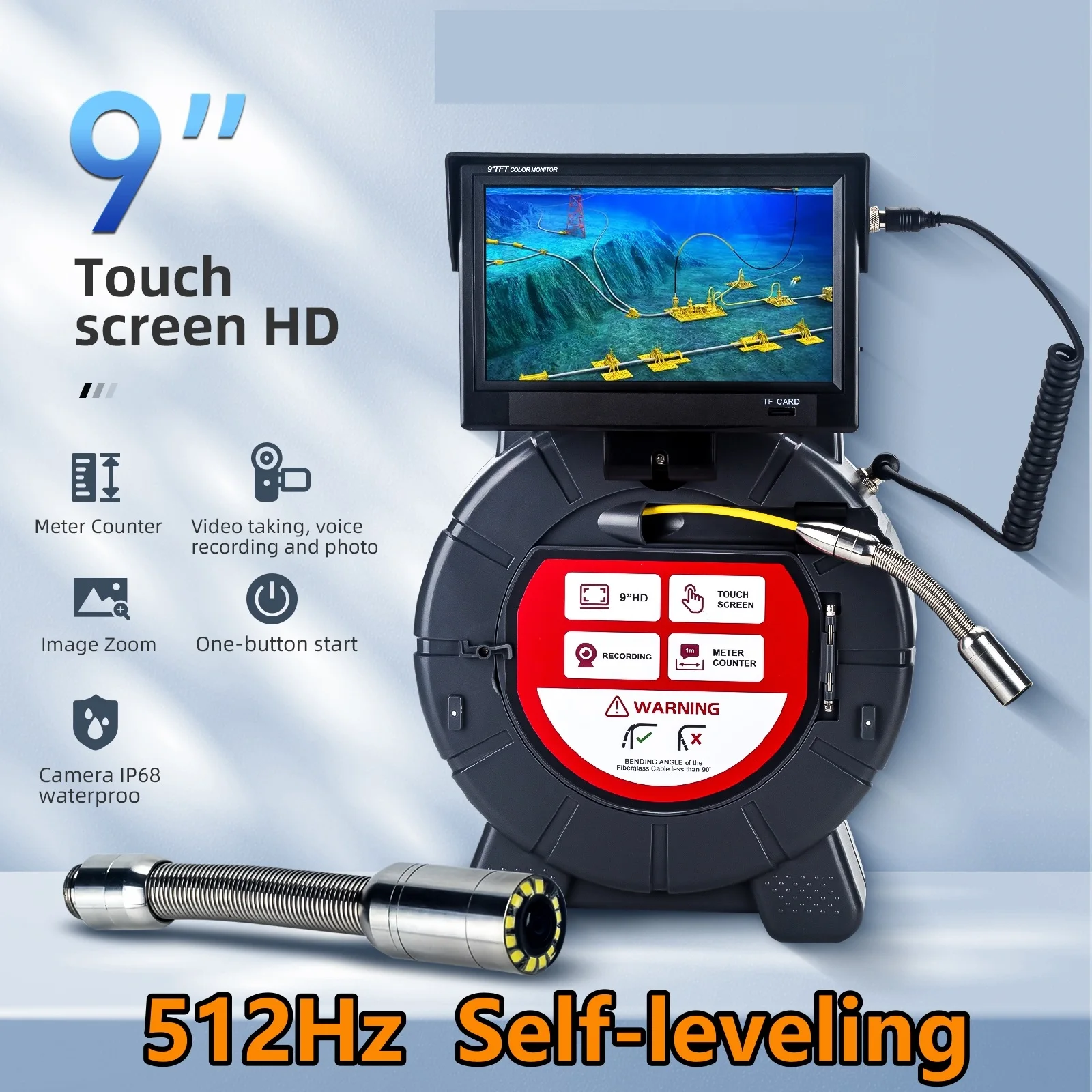 

512HZ Self-leveling Meter Counter 9" DVR 23mm Pipe Inspection Camera Drain Sewer Pipeline Industrial Endoscope IP68