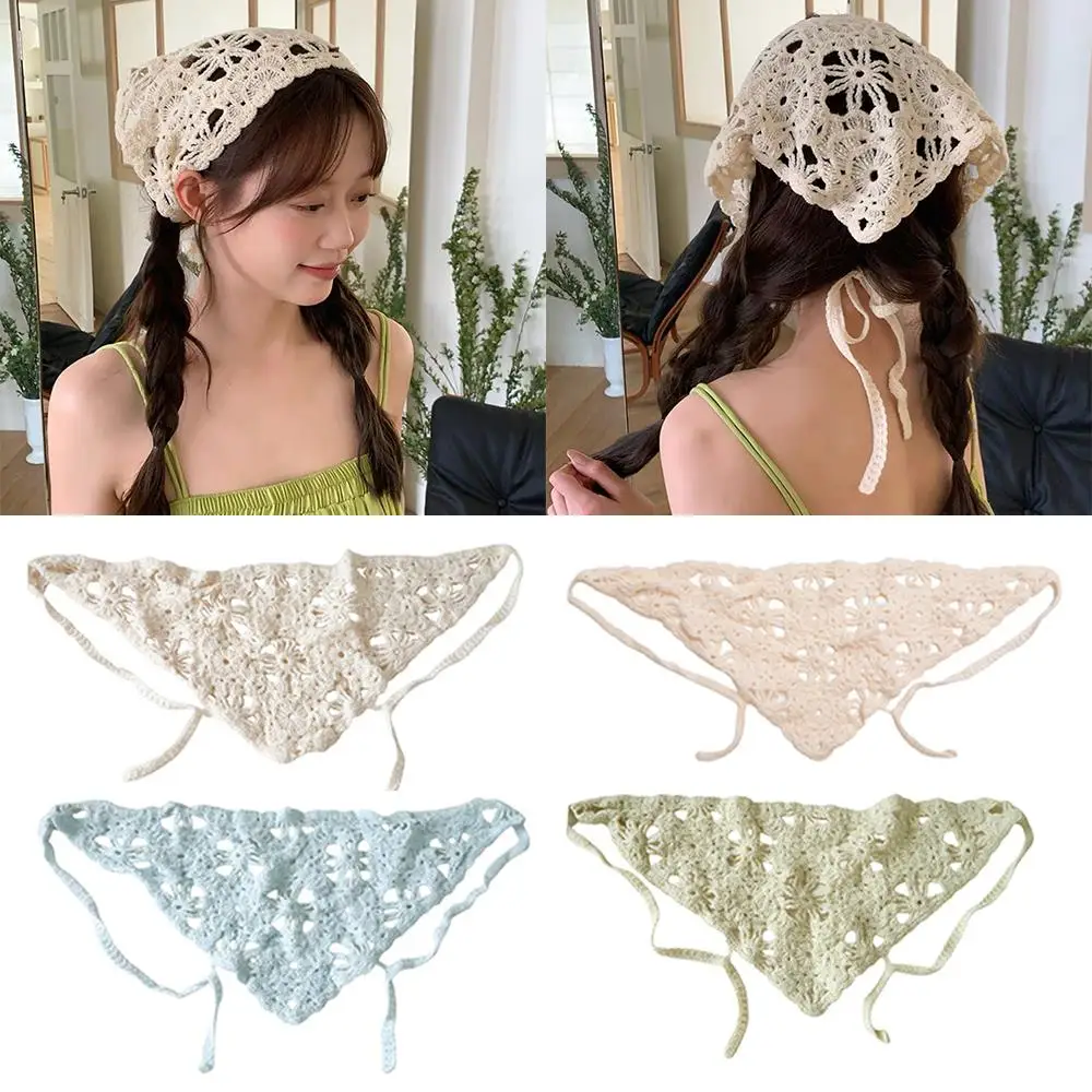 

Handmade Crochet Hair Scarf Hollow Out Knitted Headscarf Outdoor Little Flower Turban Hair Bands Travel Photo Hair Accessories