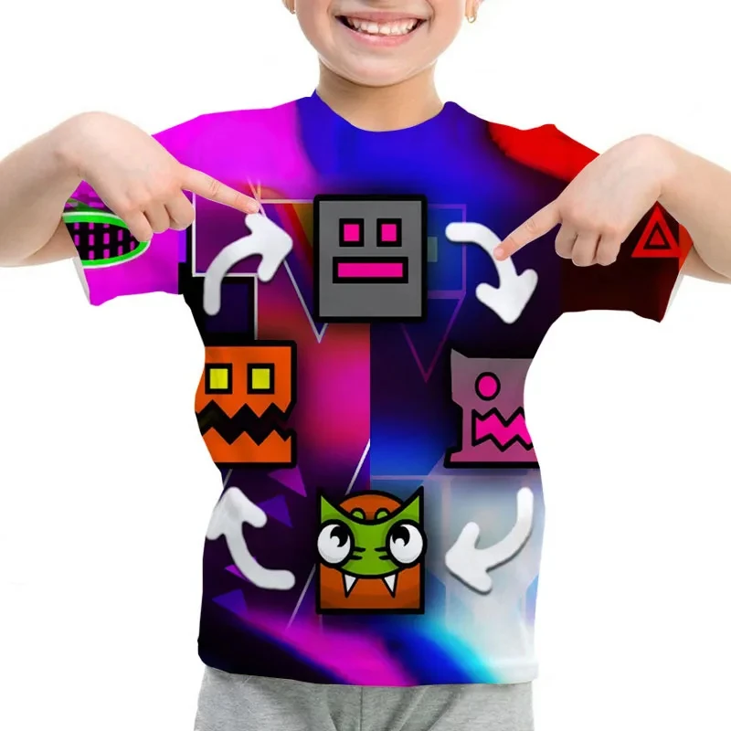 Game Angry Geometry Dash T-Shirt Boy Girls Cartoon 3d Print Kids T-shirts Summer Short Sleeve Casual T Shirt Children Clothing