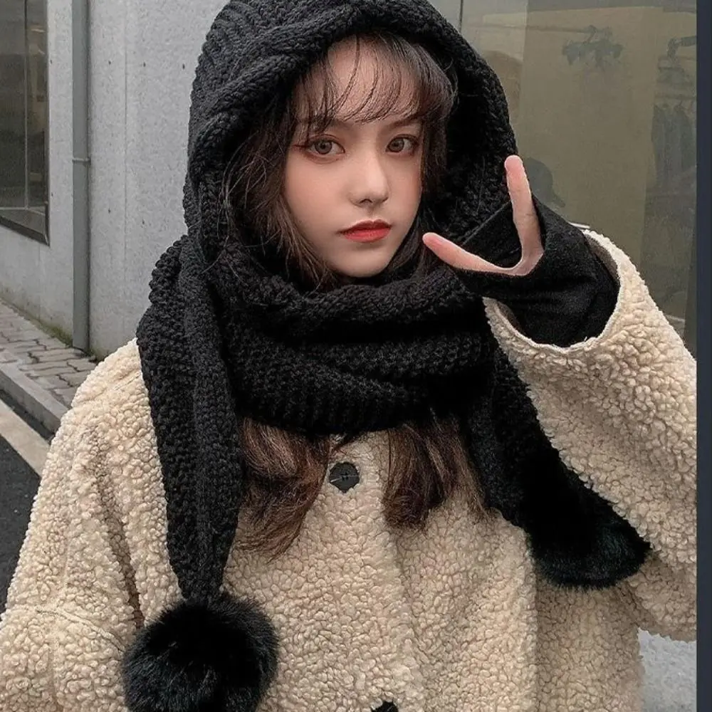 Moda invierno bufanda con capucha sombrero protección contra el frío gorro de punto grueso protección para los oídos bola de piel gorros cálidos