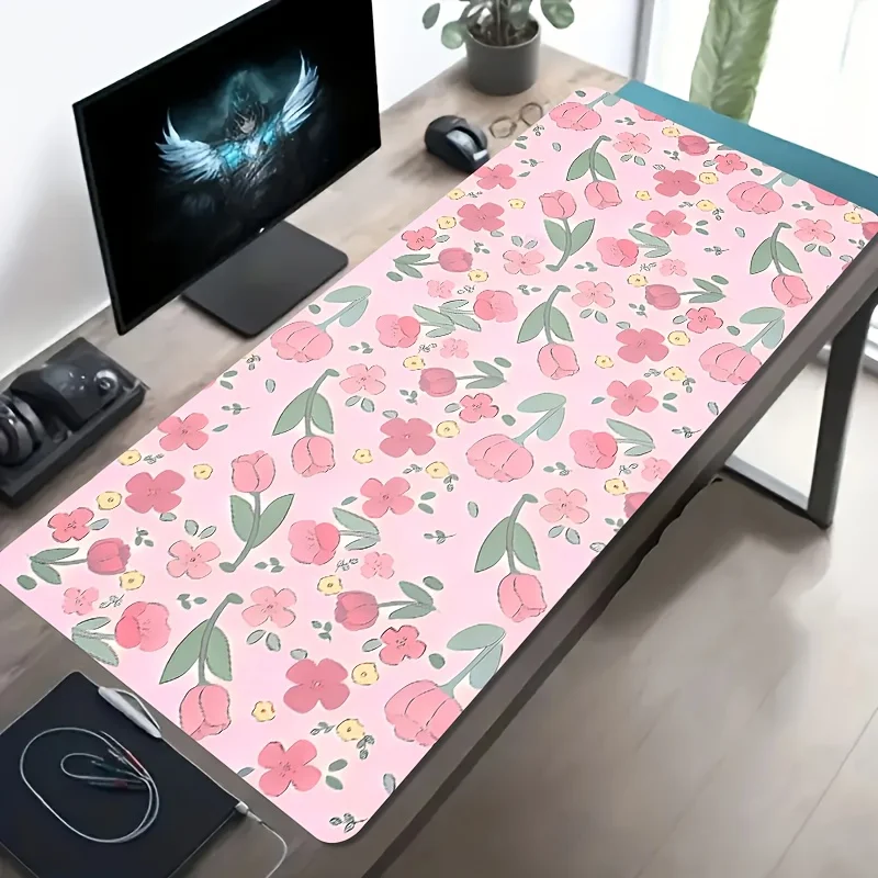 Pink Tulip Floral Extra Large Gaming Mouse Pad Non-Slip Rubber Desk Mat for Office and Computer Setup