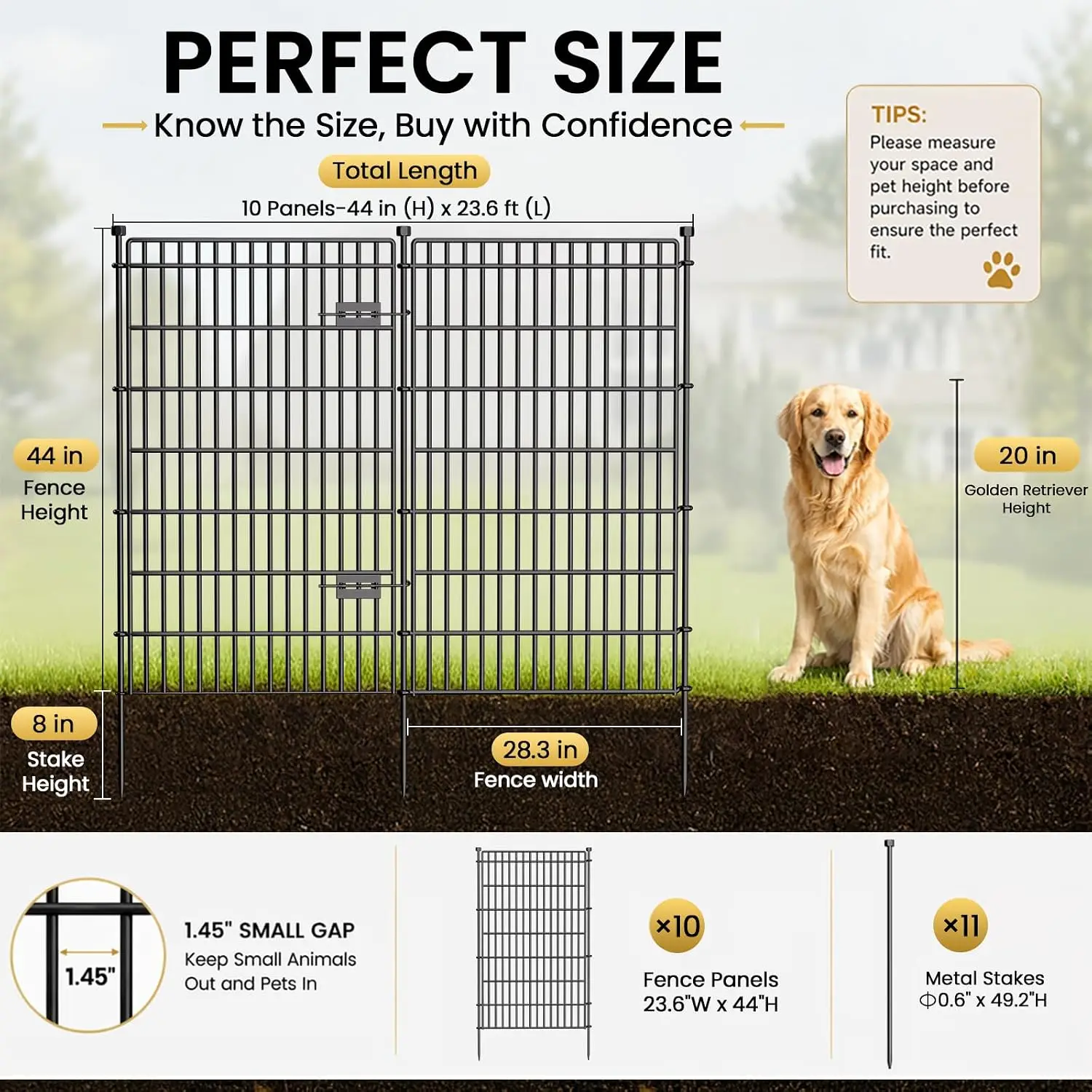 No Dig Garden Fence, Dog Fencing Outdoor for Yard, 10 Panels with Gate | 44in(H) x 23.6ft(L) Rustproof Metal Animal Barrier