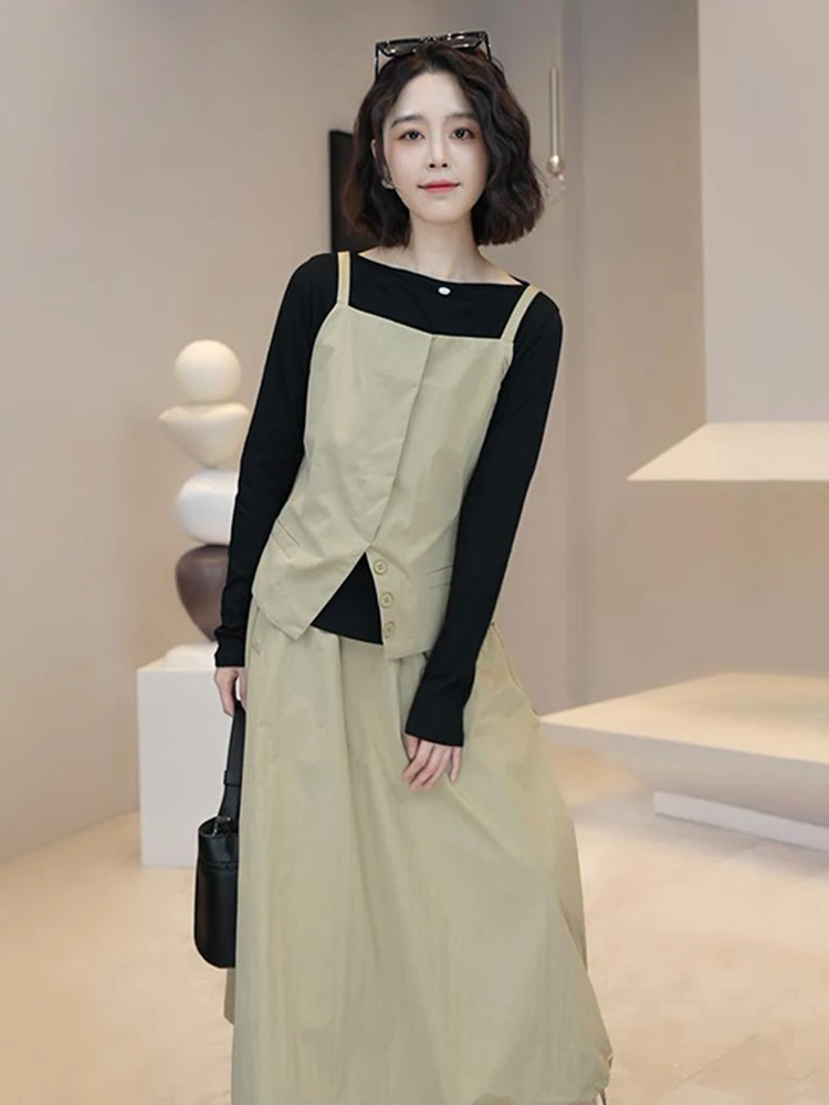 

Elegant Spring Autumn Women's Fashion Set Salt System Three Piece Suite Aesthetic Half Skirt Vest Long Sleeve Casual Style