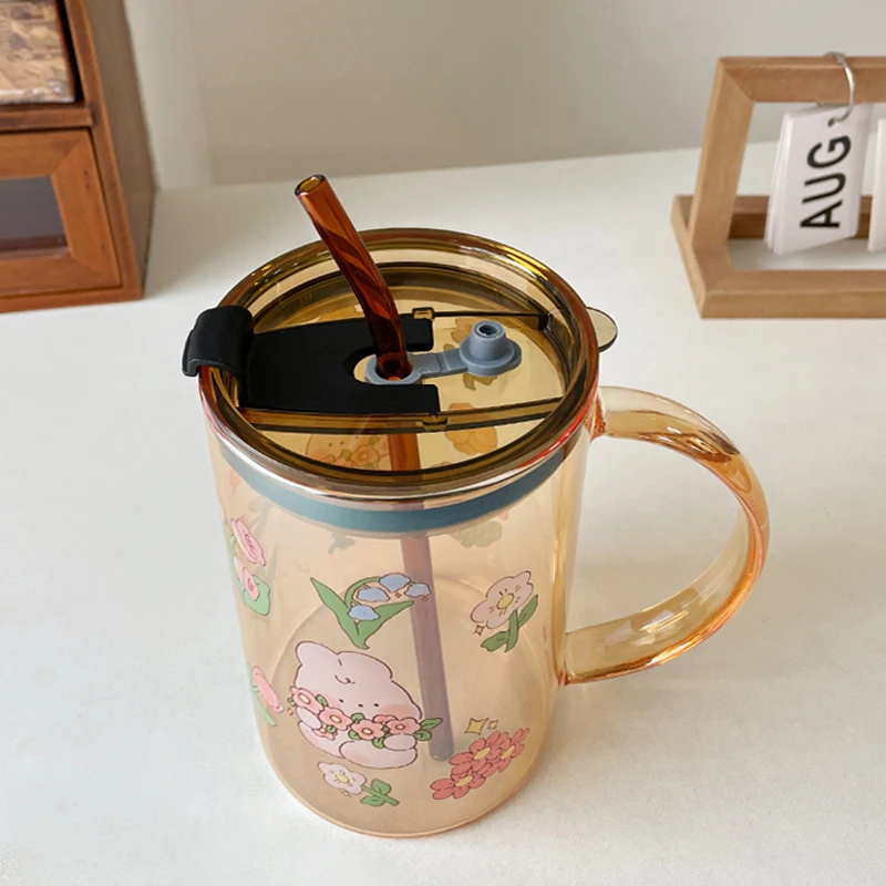 Cute Bunny Glass Cup With Lid Straw Kawaii Coffee Mugs Big Milk Beer Wine Drinking Glasses Korean Water Juice Cup Drinkware Gift