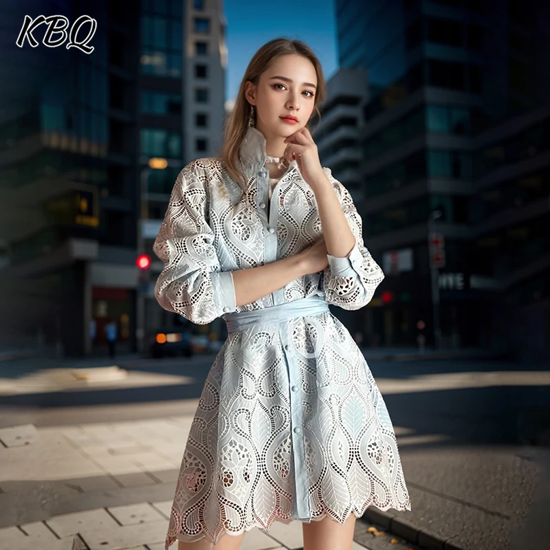 

KBQ Solid Hollow Out Patchwork Single Breasted Embroidery Dress For Women Lapel Long Sleeve High Waist Minimalist Dress Female