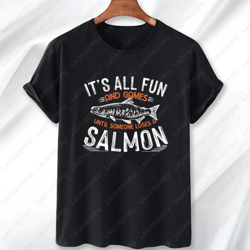 Salmon Fishing Camping Tshirt Gifts Summer Vacation Great Outdoors Tops for Dad Husband Men Women Hipster Modal Comfortable Tees