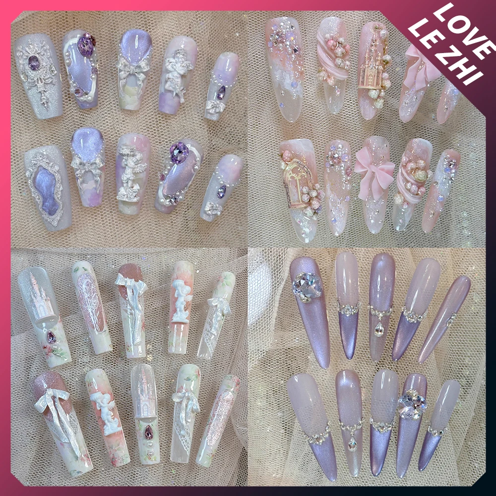 

10Pcs Beautiful Long Coffin Stilettos Handmade Nails Party Stickers Bowknot Pearl Flower Diamond Butterfly Rabbit Press On Nails