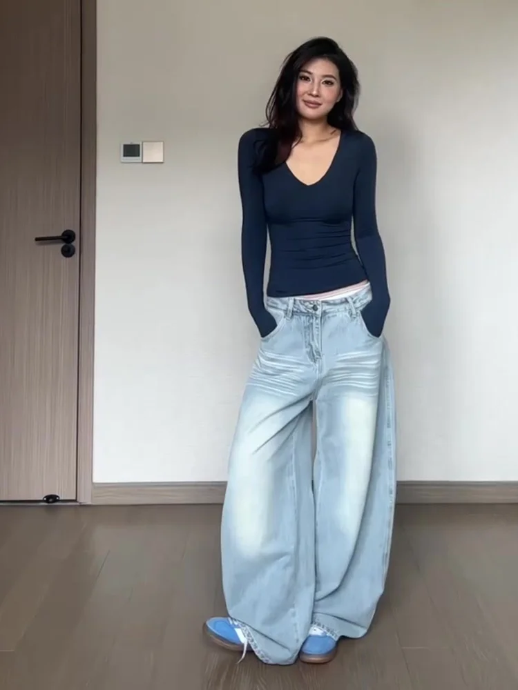 

Джинсовые джинсы с низкой талией и вышивкой, женские осенние новые свободные утягивающие американские широкие брюки больших размеров