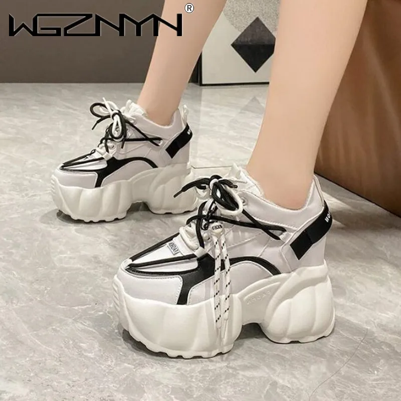 Autumn High Quality Women Wedges Chunky Sneaker Black Casual Shoes Ladies Vulcanized Shoes High Platform Leather Sneakers Woman