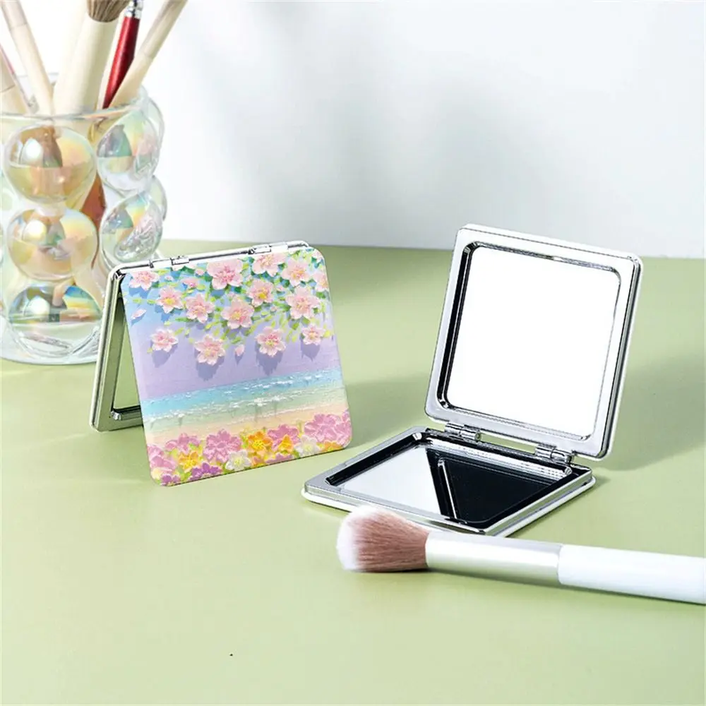 Pocket Tulip Square Makeup Mirror Double-Sided Magnifying Cosmetic Mirror Compact Handheld Folding Mirror Cosmetics Tools