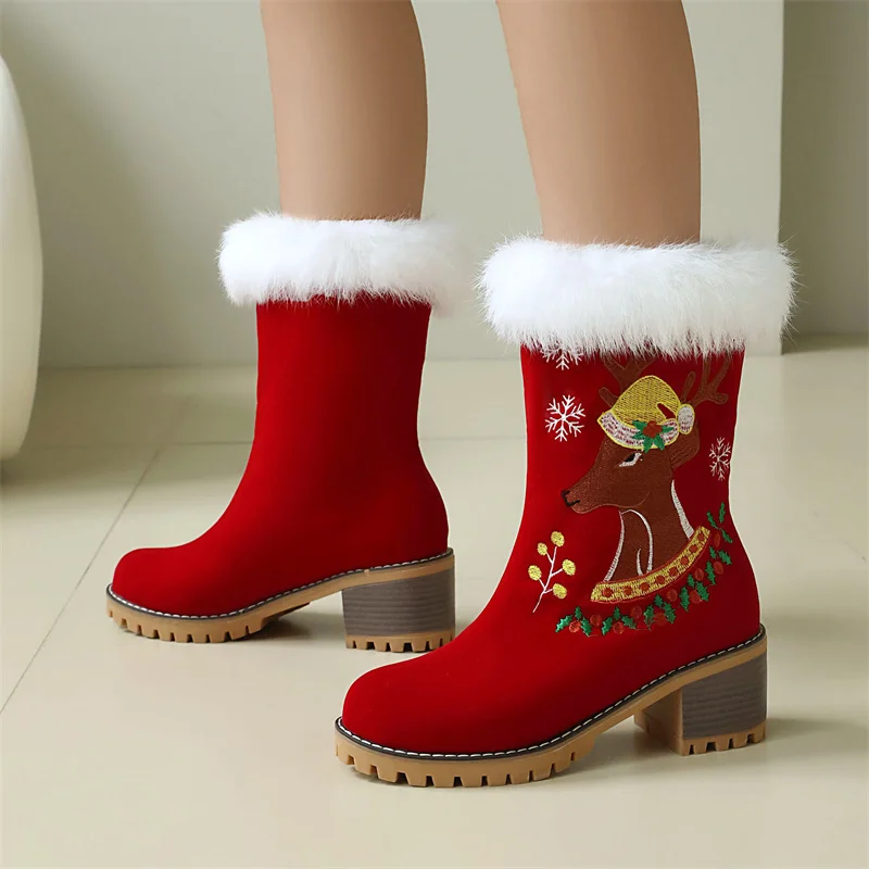 

YQBTDL Sweet Winter Deer Embroidery Ladies's Short Boots Fur Round Toe Block Heel Warm Christmas Snow Boots Party Women Shoes