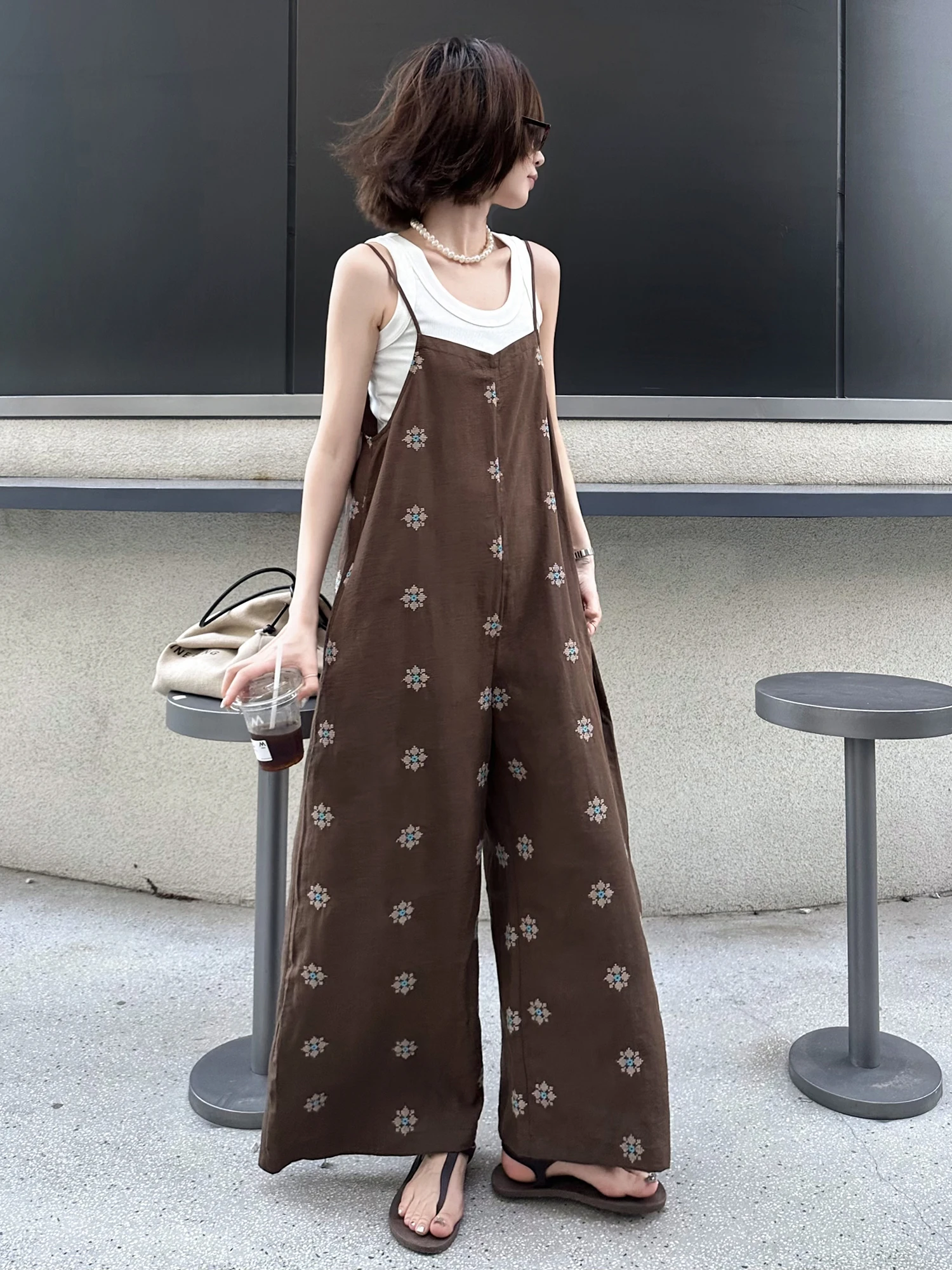 

Оригинальный дизайн, японские ретро вышитые льняные широкие брюки, женские свободные повседневные длинные брюки, модные с поясом