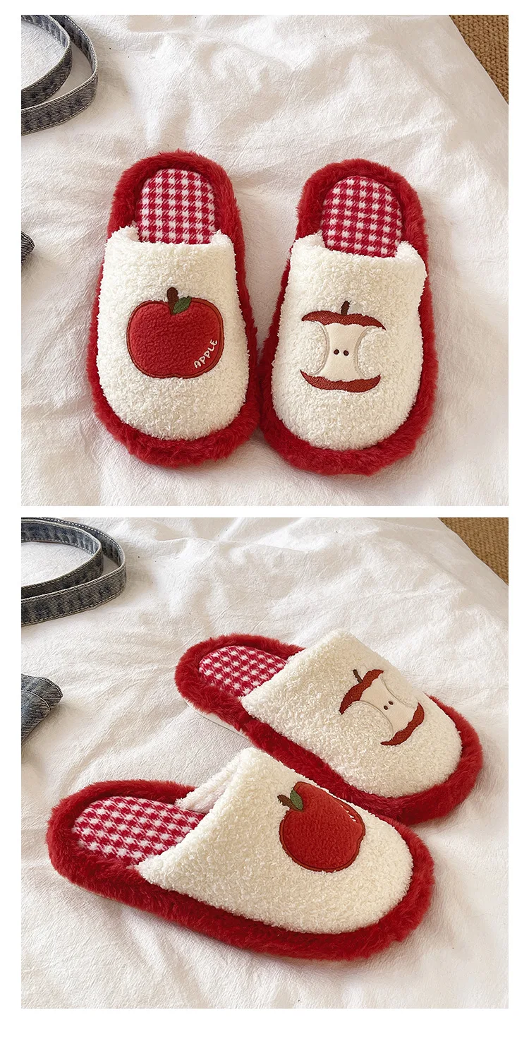 Modische Niedliche Apfel-Plüsch-Hausschuhe Rutschfeste Dicke Sohle Winter-Slides Damen Geräuscharme Freizeitschuhe für Zuhause ﻿ – Detail 2