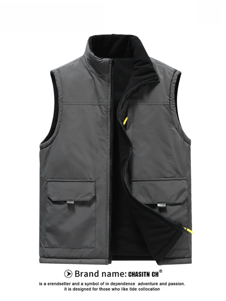 

Мужской утепленный флисовый жилет-куртка для улицы, свободный крой, воротник-стойка, двусторонний, осенне-зимний, молодежный, модный, городской стиль, на молнии