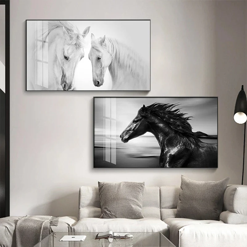 Modern Animal Black and White Aisle Unique Gallop Horses Canvas Painting Posters and Prints Wall Art Picture Home Decor No Frame