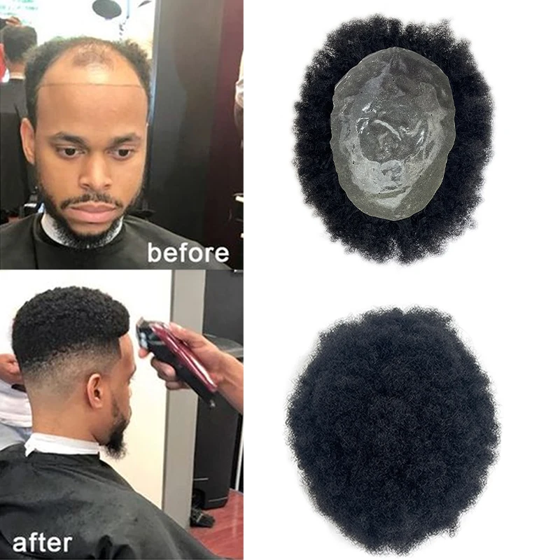 100% Human Hair Men's Afro Curly Hair Ultra Thin Breathable PU Capillary Prothesis Toppers Natural Looking Daily Hair Accessory