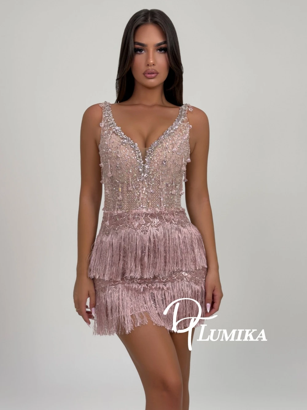 DTLumika Blush Pink Tiered Tassel Homecoming Dress Dazzling Crystal Fringe Birthday Club Night Out Mini Cocktail Gown Customized