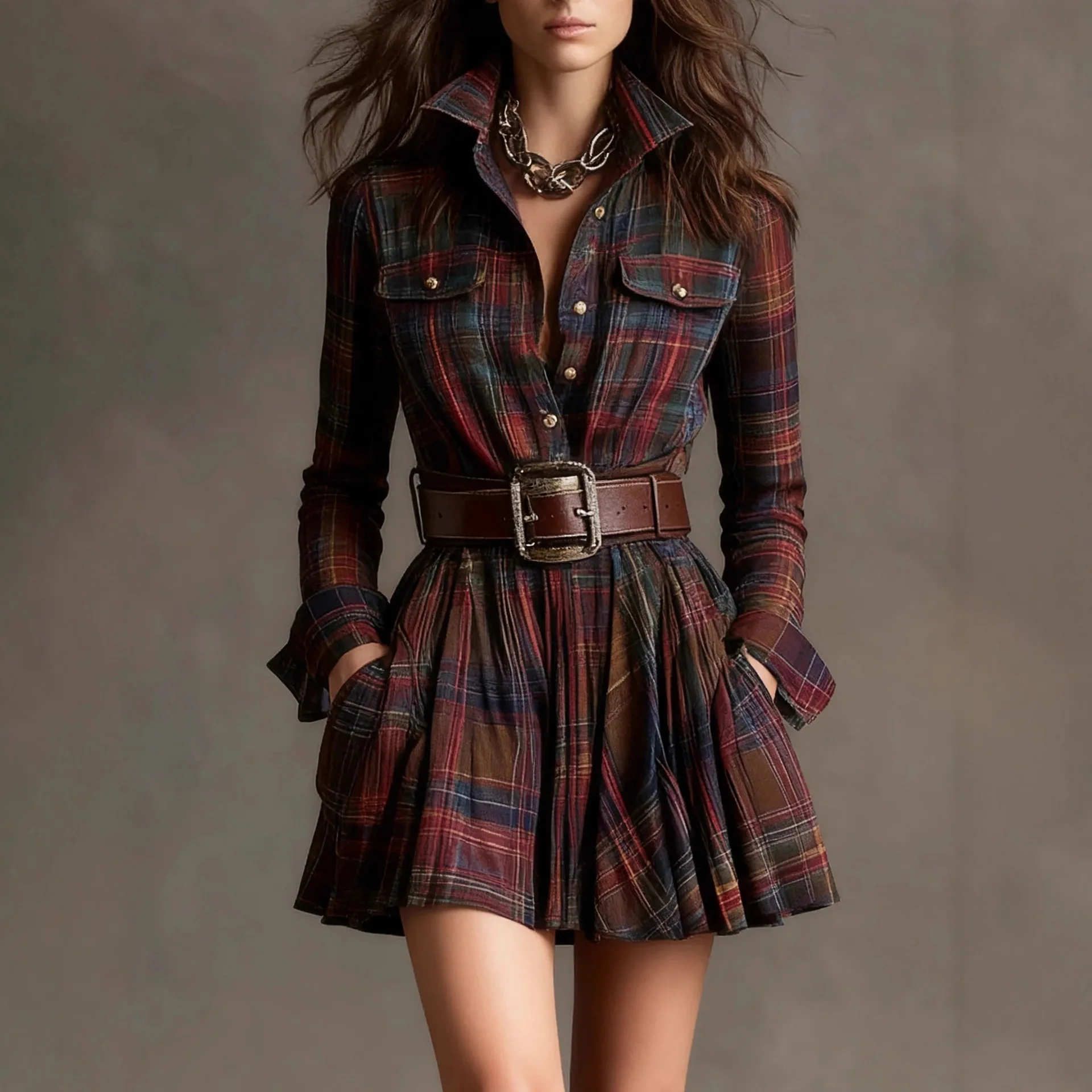 

Retro Plaid irt Dr with ket Long Sve ort Skirt Belt Included A-Line Princ Sle Casual Wear Polyester Fiber