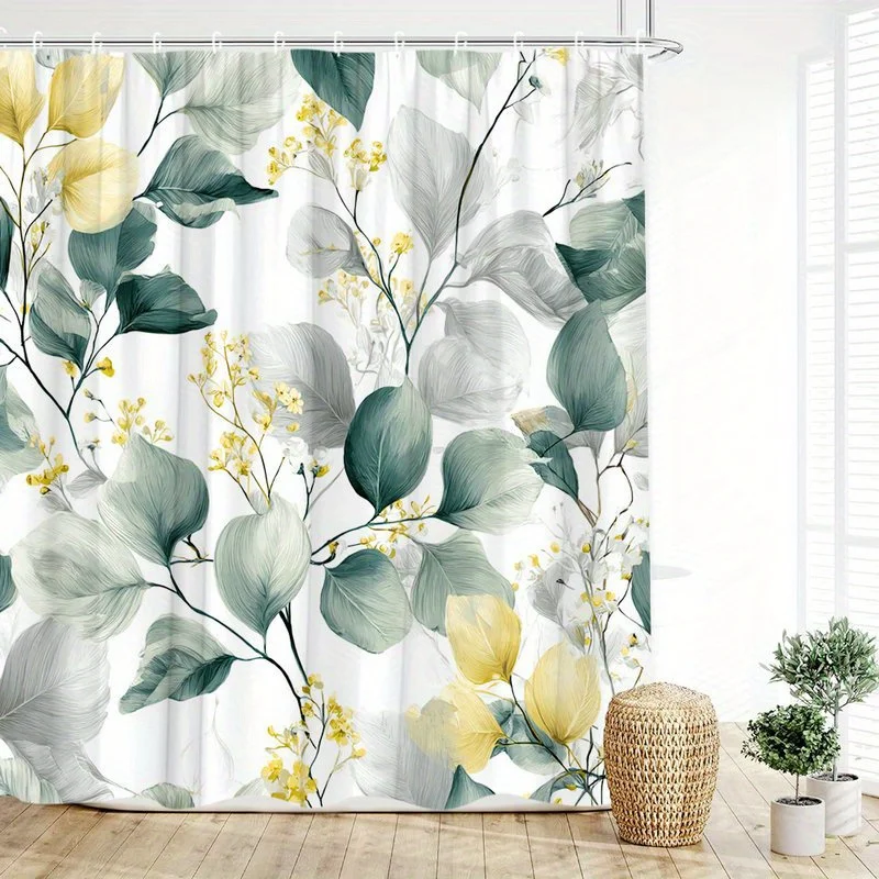 

1 шт., занавеска для душа с рисунком листьев растений и желтых цветов, полиэфирная ткань, можно стирать в машине, подходит для украшения ванной комнаты