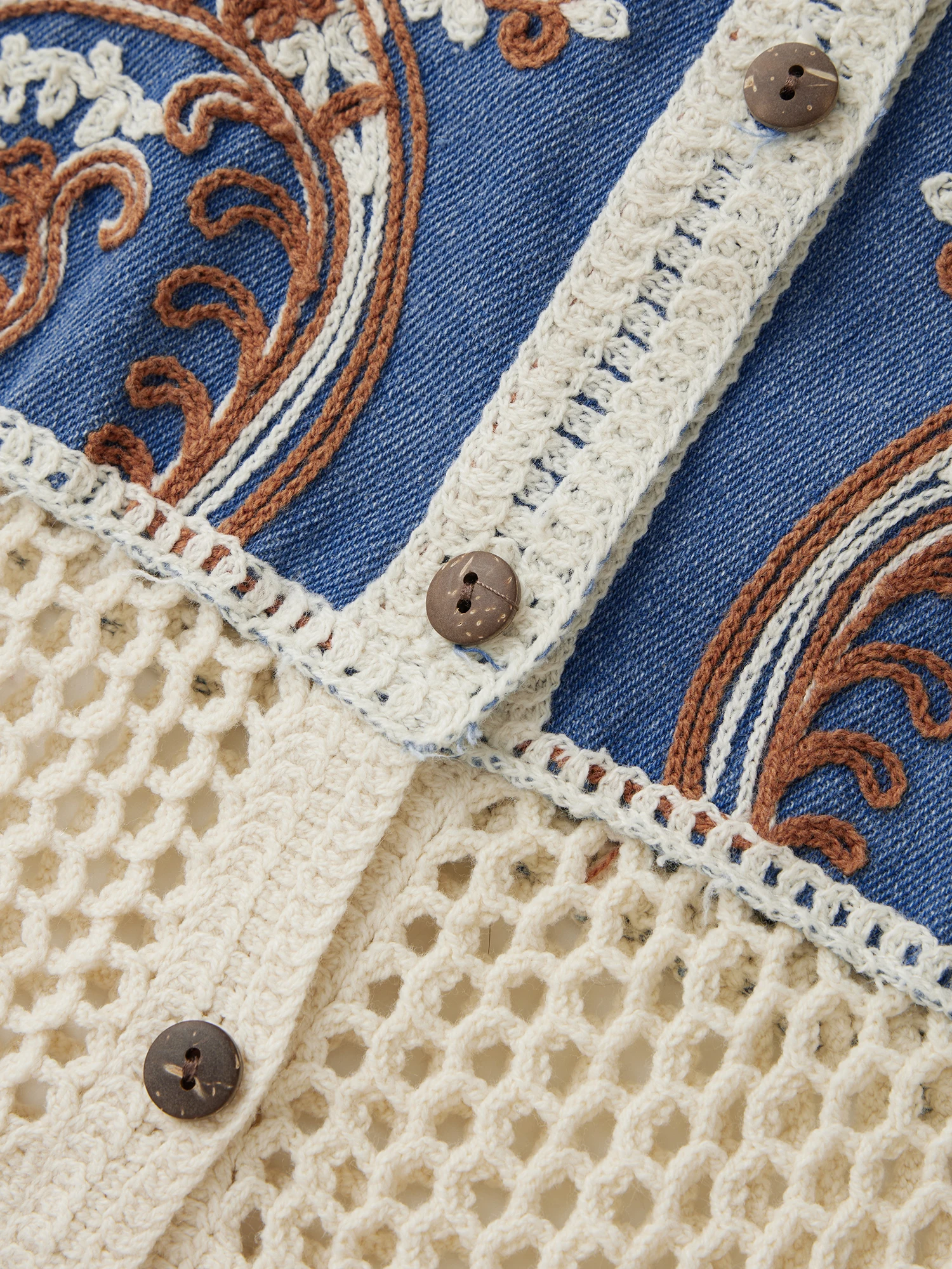 ผู้หญิง DENIM เสื้อถักโครเชต์แจ็คเก็ตดอกไม้เย็บปักถักร้อยรอบคอปุ่มปิดแขนกุดฤดูร้อน Streetwear