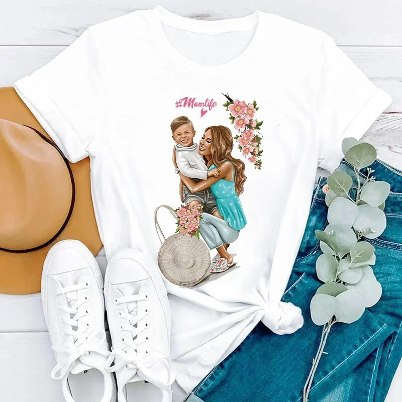 

Womens T-Shirt Boy Son Happy Cartoon Mom Mother Mama Cartoon Print Lady T-Shirts Top Graphic T Shirt Female Tee