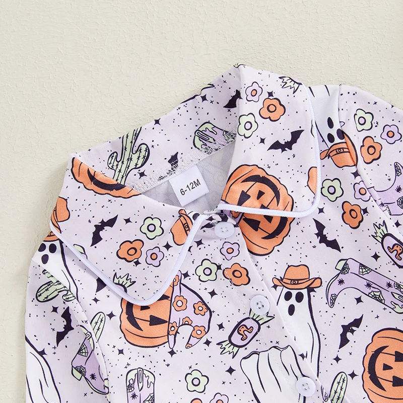 Little Girl Halloween Pajamas Set Pumpkin Print Long Sleeve Lapel Button Down Tops with Ruffled Pants Fall 2 Pieces Sleepwear