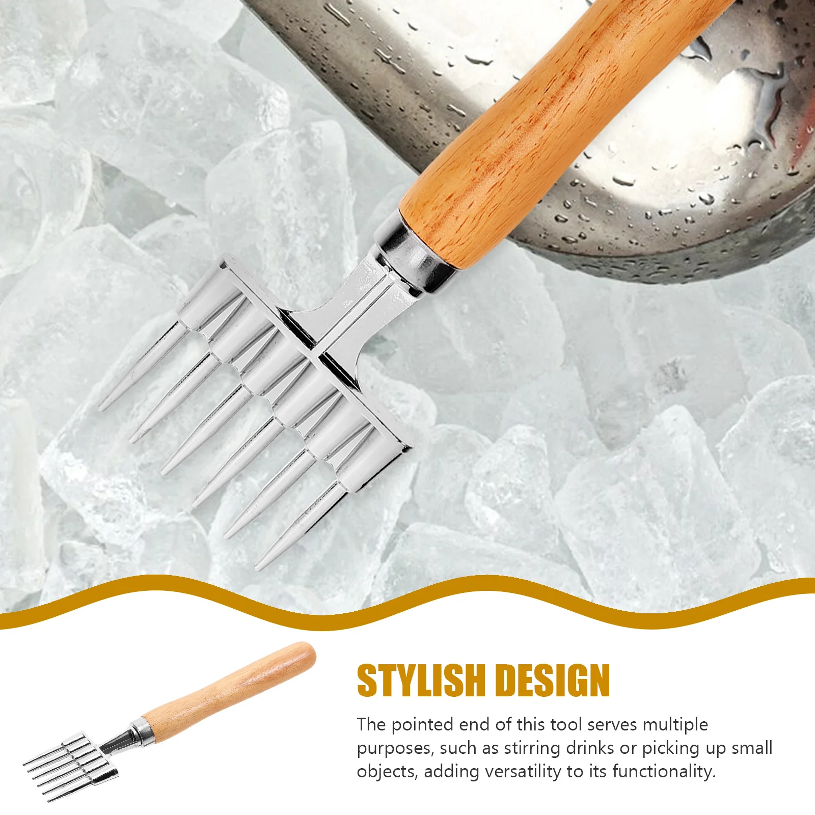

Ice Crusher Six-Prong Aluminum Alloy with Wood Handle Bar Tool Multi-Purpose Ice Breaking and Stirring Kitchen Gadget