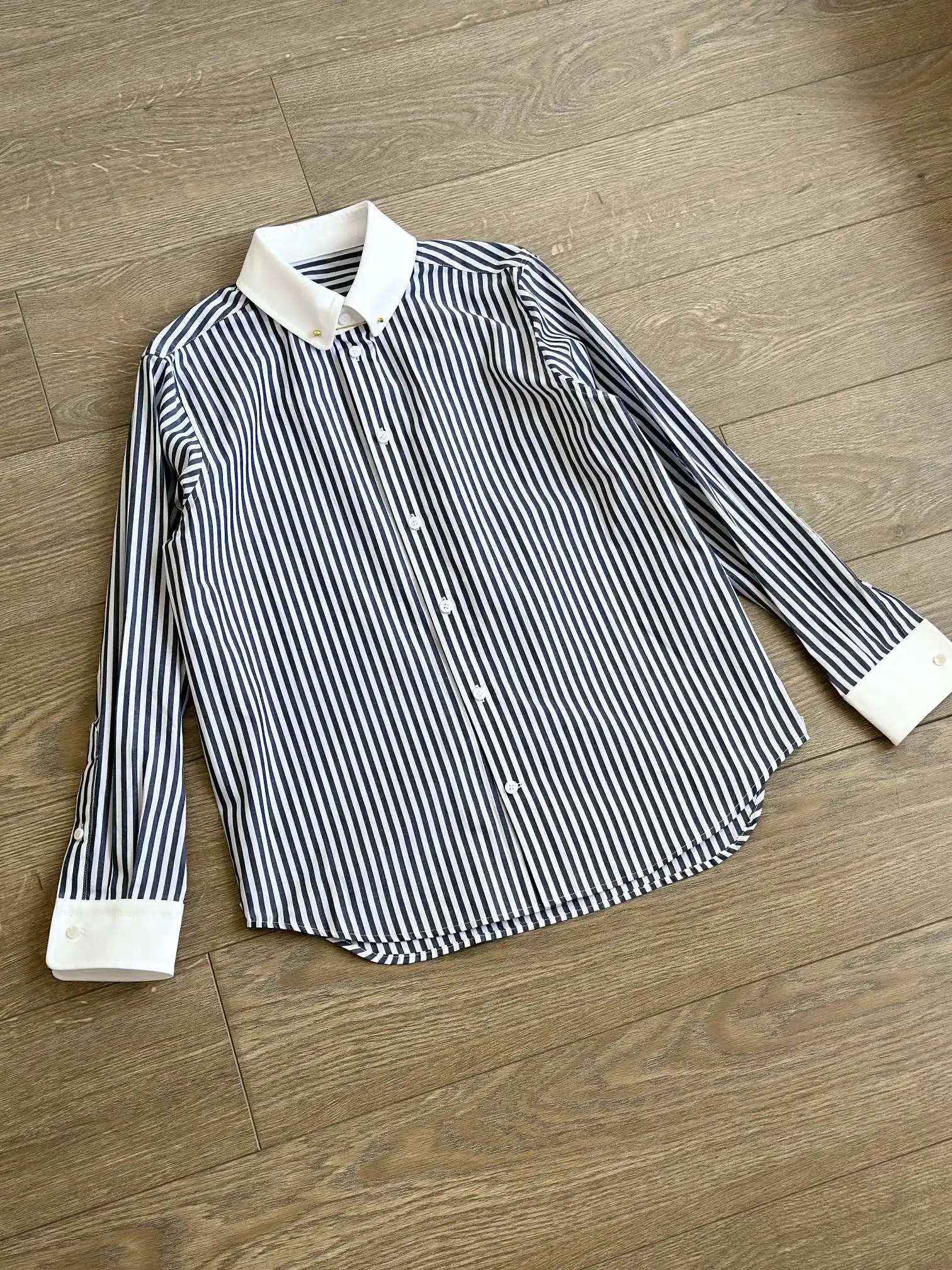 

Новая женская рубашка с длинным рукавом в стиле Commuter, весна-осень 2026, с цветными блоками, отложным воротником и полосатым принтом, универсальная, простая